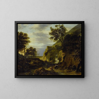 Landscape with Mountainous Scene and Waterfall - Roelant Roghman — framed artwork on a wall