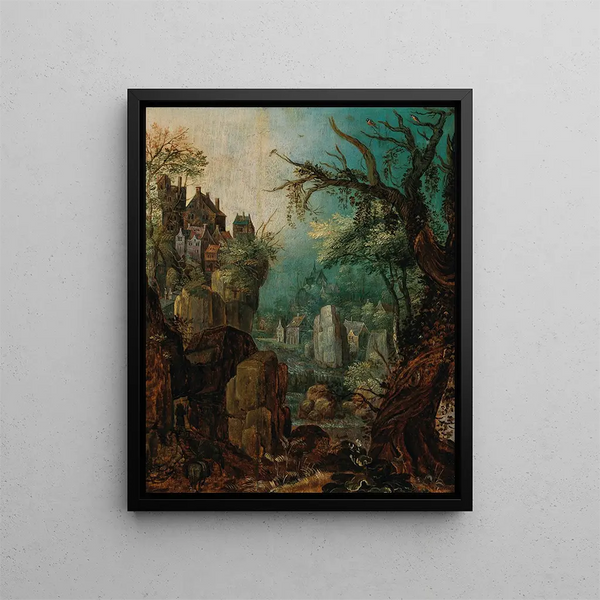 a mountainous river landscape with a peasant leading two donkeys towards a village beyond - Roelant Savery — framed artwork on a wall