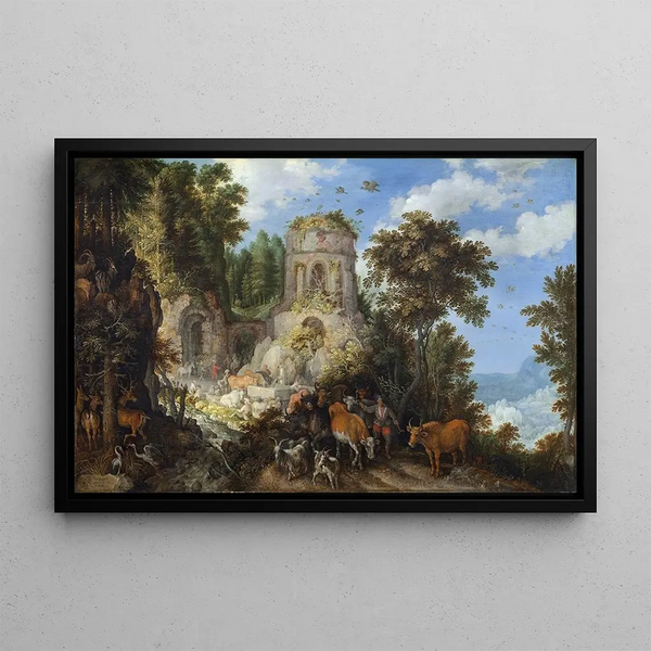 Landscape Painting with the Flight into Egypt - Roelant Savery — framed artwork on a wall