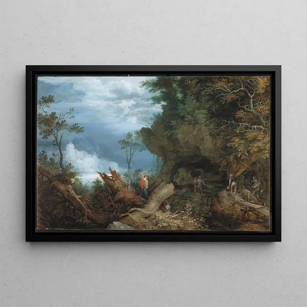Mountain landscape with a mine entrance - Roelant Savery — framed artwork on a wall
