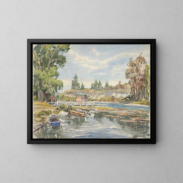 Sortie du lac Taupo - Roland Hipkins — framed artwork on a wall