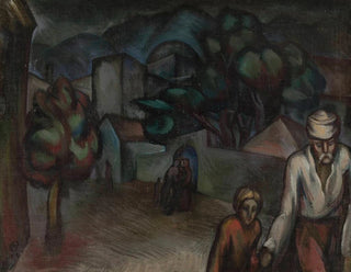Urban landscape painting with figures - Roman Petrović — artwork view