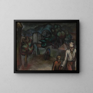 Urban landscape painting with figures - Roman Petrović — framed artwork on a wall