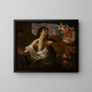 Daniel in the lion's den with an angel holding the prophet Habakkuk - School of Rome — framed artwork on a wall