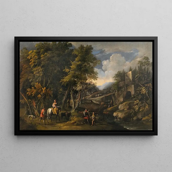 Peasants in a landscape - School of Rome — framed artwork on a wall