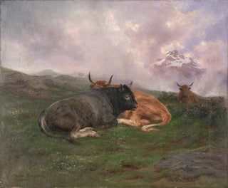 Bétail au repos sur une colline dans les Alpes - Rosa Bonheur — artwork view