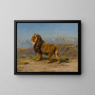 Lion dans un paysage montagneux - Rosa Bonheur — framed artwork on a wall