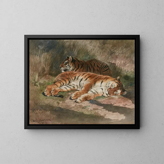 Two reclining tigers - Rosa Bonheur — framed artwork on a wall