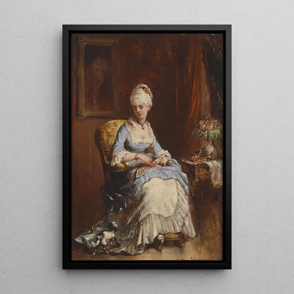 Young lady with a small dog - Rosa Schweninger — framed artwork on a wall