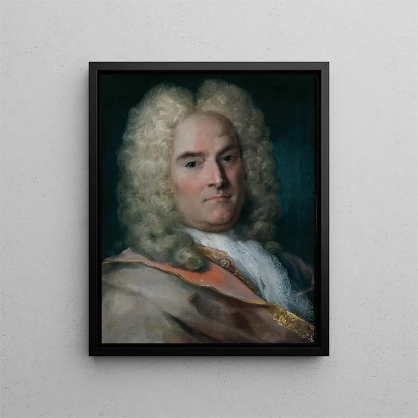 a gentleman wearing a gray cape over a gold-embroidered coat - Rosalba Carriera — framed artwork on a wall
