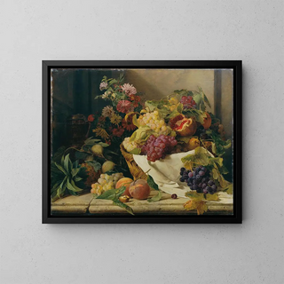 Still life with fruits and flowers - Rosalia Amon — framed artwork on a wall