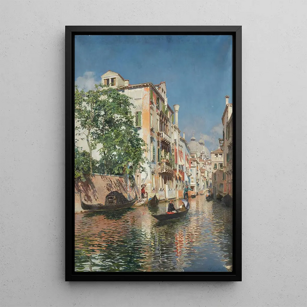 a Venetian canal with Saint Mark's Basilica in the distance - Rubens Santoro — framed artwork on a wall