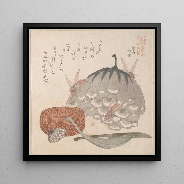 Ruches with wasps and a box with a spoon for honey - Kubo Shunman — framed artwork on a wall