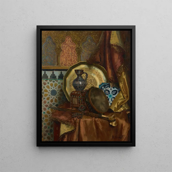 a painting featuring a tambourine knife, a Turkish box, a Turkish jug, a Moroccan tile, and a Moroccan plate on a satin-covered table - Rudolf Ernst — framed artwork on a wall