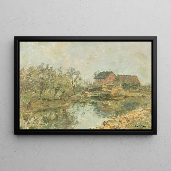 Farm with pond - Rudolf Hückner — framed artwork on a wall