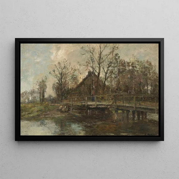 Farm by the water's edge - Rudolf Hückner — framed artwork on a wall