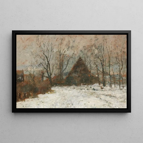 Winter landscape painting with farm - Rudolf Hückner — framed artwork on a wall