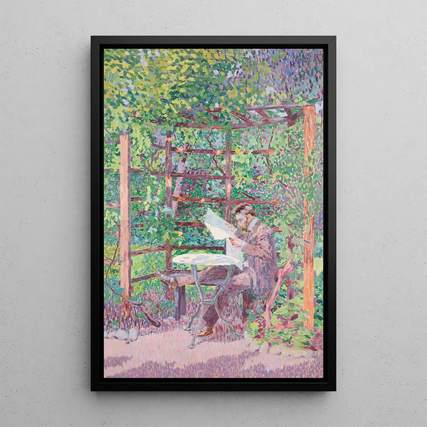 a man reading in a pergola - Rudolf Junk — framed artwork on a wall