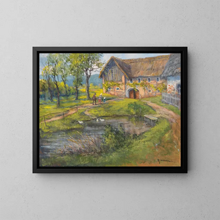 Farm and pond with ducks - Rudolf Kierner — framed artwork on a wall
