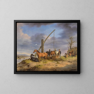 Horses at the watering trough - Rudolf Kuntz — framed artwork on a wall