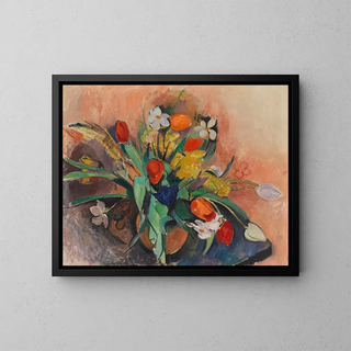 Vase with tulips and daffodils - Rudolf Levy — framed artwork on a wall