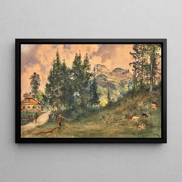 A mountain pasture in Aussee with a view of Mount Loser - Rudolf von Alt — framed artwork on a wall