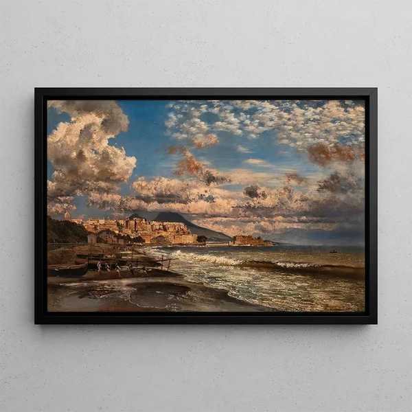 Naples View from the Northwest on the Bay of Naples with Vesuvius in the Background - Rudolf von Alt — framed artwork on a wall