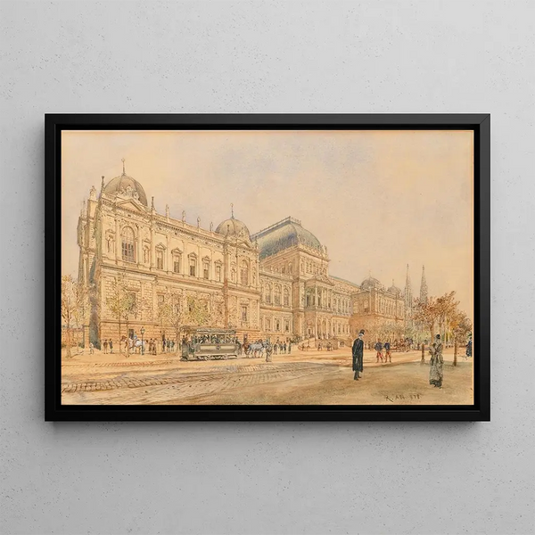 the University of Vienna on the Ringstrasse with horse-drawn tram and figures, view of the building still under construction in 1878, erected by Heinrich von Ferstel 1873-1884 - Rudolf von Alt — framed artwork on a wall