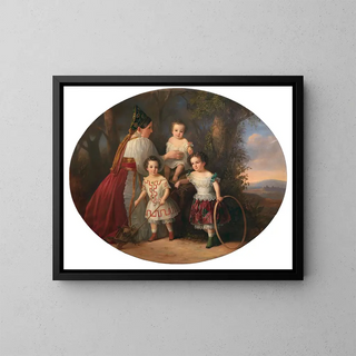 Children with their nursemaid in Russian costume in front of a vast landscape - Russian school — framed artwork on a wall