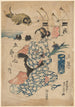 a woman holding an iris, a large fish in the background - Sadafusa Utagawa — artwork view