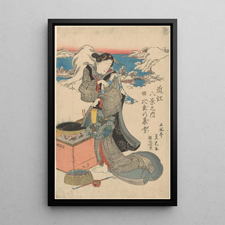 Sadahide - Snow Scene woman preparing tea in foreground.webp