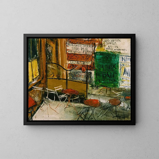 Terrace café with posters - Saeki Yūzō — framed artwork on a wall