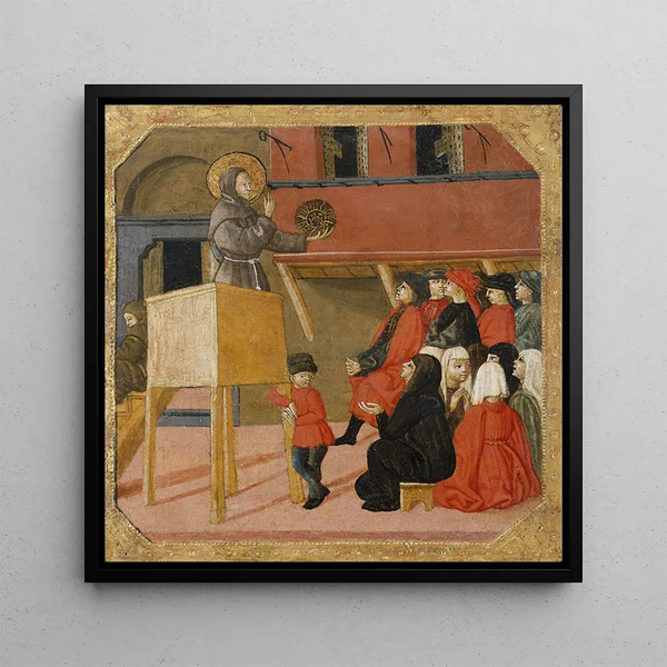 Saint Bernardino de Sienne prêchant - Giovanni di Ser Giovanni Lo Scheggia — framed artwork on a wall