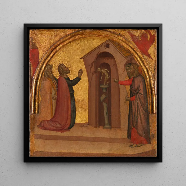 Saint John the Evangelist causing a pagan temple to collapse - Francescuccio Ghissi — framed artwork on a wall