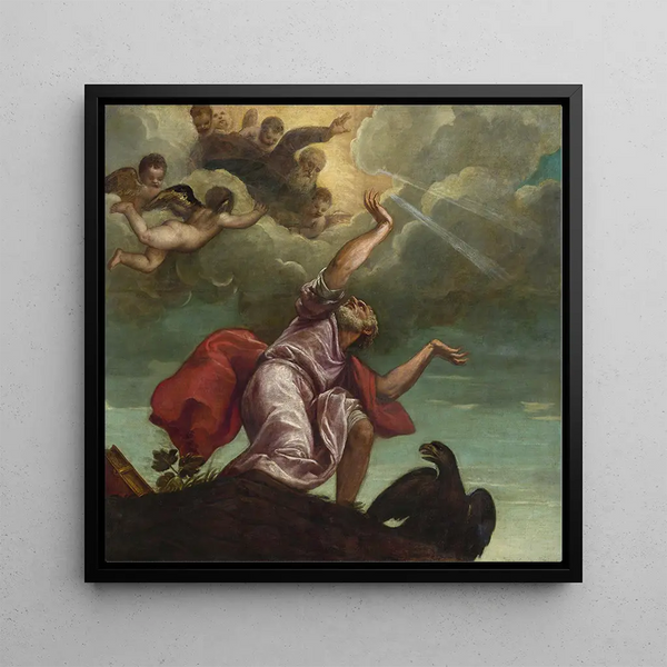 Saint John the Evangelist on Patmos - Titian — framed artwork on a wall