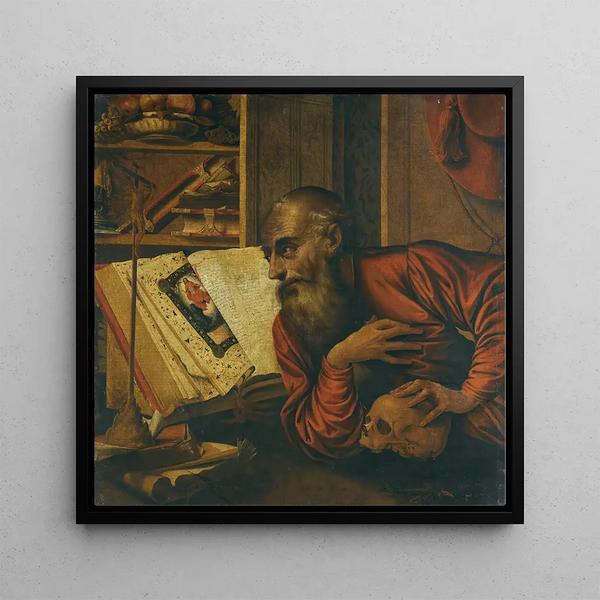 Saint Jerome in his study - Follower of Marinus van Reymerswaele — framed artwork on a wall