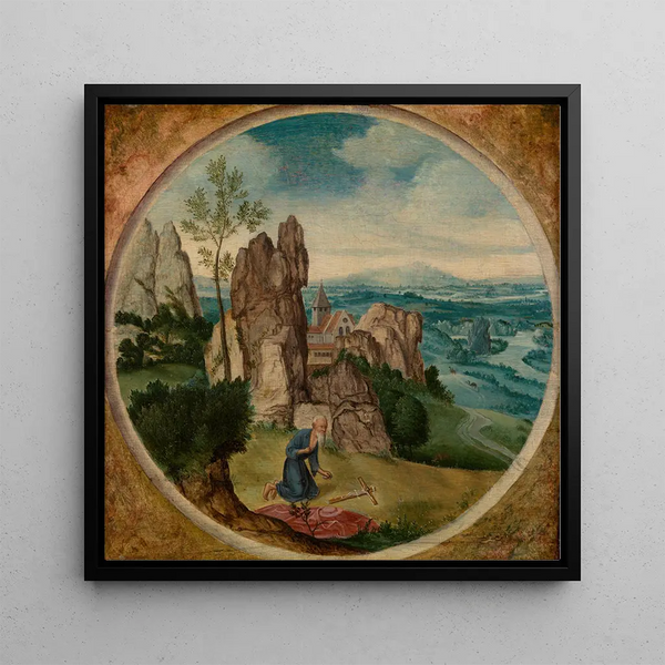 Saint Jerome in a landscape - Lucas Gassel — framed artwork on a wall