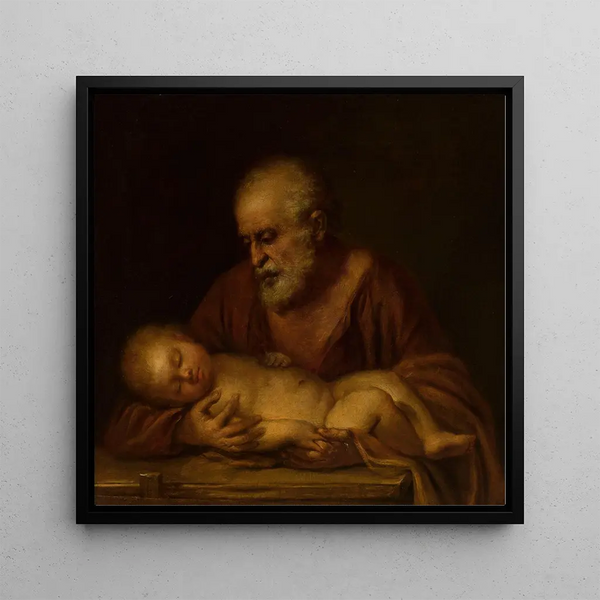 Saint Joseph with the Child Jesus - Giovanni Battista Salvi da Sassoferrato — framed artwork on a wall