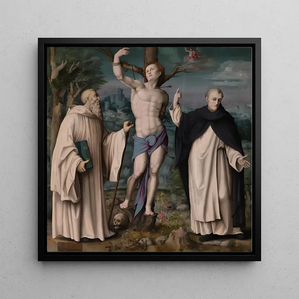 Saint Sebastian between Romuald and Vincent Ferrier - Bacchiacca — framed artwork on a wall