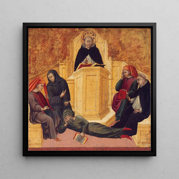 Saint Thomas Aquinas confounding Averroes - Giovanni di Paolo — framed artwork on a wall