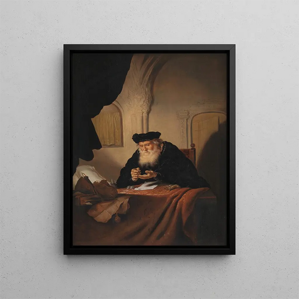 An old man counting his money - Salomon Koninck — framed artwork on a wall