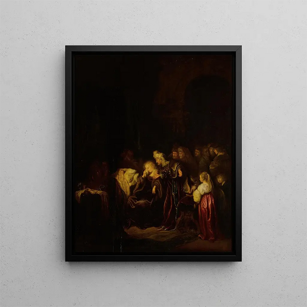 David and Bathsheba mourn their dead son - Salomon Koninck — framed artwork on a wall