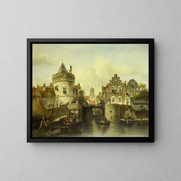 Vue imaginaire basée sur le Kolksluis d'Amsterdam - Salomon Leonardus Verveer — framed artwork on a wall