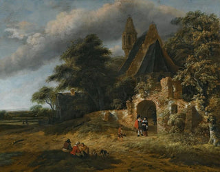 a landscape with figures in front of the walls of a ruined church - Salomon Rombouts — artwork view
