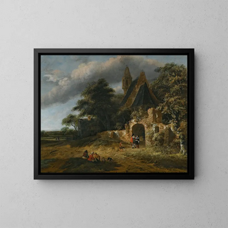 a landscape with figures in front of the walls of a ruined church - Salomon Rombouts — framed artwork on a wall