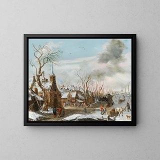 A winter landscape with a market scene - Salomon Rombouts — framed artwork on a wall