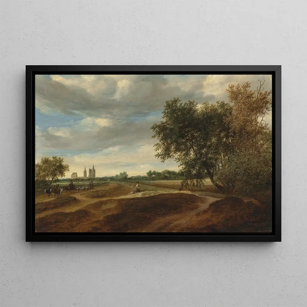 Landscape painting with a shepherd on horseback leading his cattle and shepherds with their flock - Salomon van Ruysdael — framed artwork on a wall