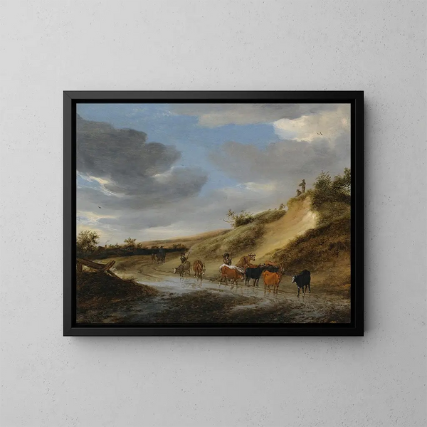 a vast landscape with cattle and their shepherds following a country road partially flooded - Salomon van Ruysdael — framed artwork on a wall