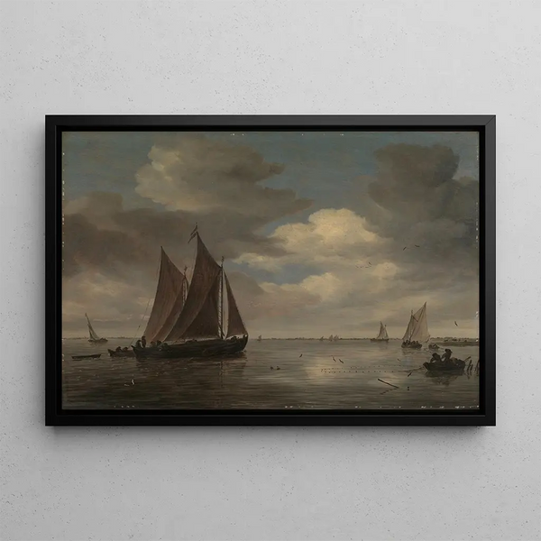 Bateaux de pêche sur une rivière - Salomon van Ruysdael — framed artwork on a wall