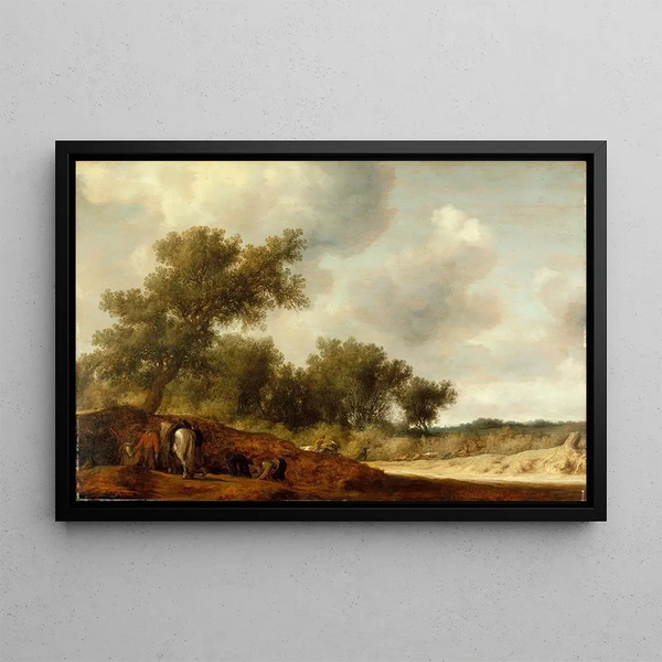 Landscape painting with deer hunters - Salomon van Ruysdael — framed artwork on a wall